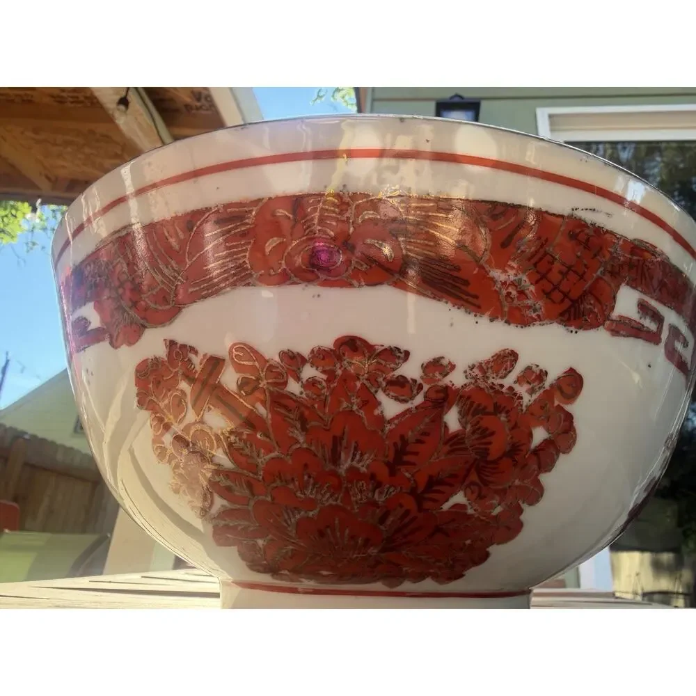 Japanese China MCM Bowl - Porcelain Hand Painted Red/Orange Gold Floral 10”